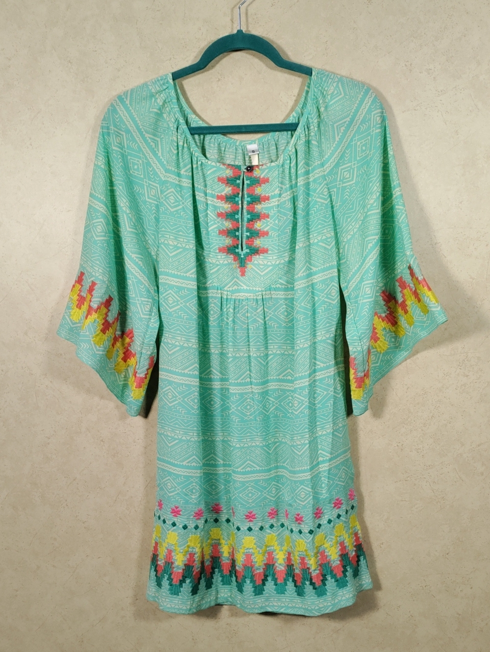 H138 Uncle Frank Mint Green Embroidered Boho Mini Dress